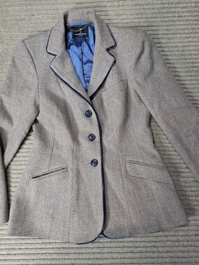 Katherine Hooker Beige Tweed 100% Wool Blazer Hacker Jacket Size 12 Blue Velvet